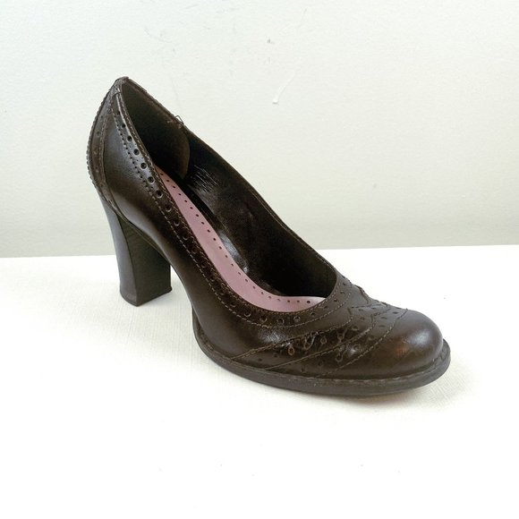 Nine West Brown Leather Chunky Heel Pumps Sz 7 - Picture 1 of 8